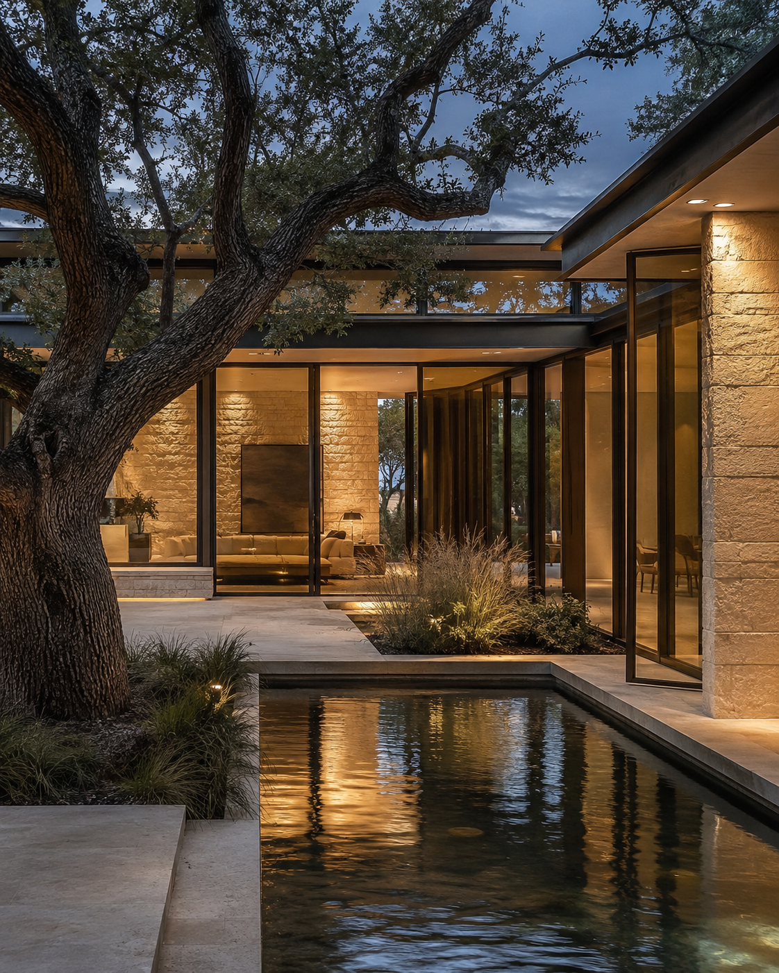 Modern limestone courtyard beneath a live oak at dusk