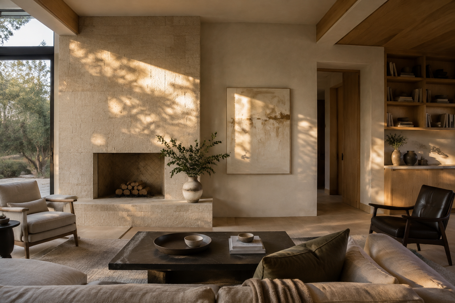 Warm contemporary interior with Texas limestone and white oak